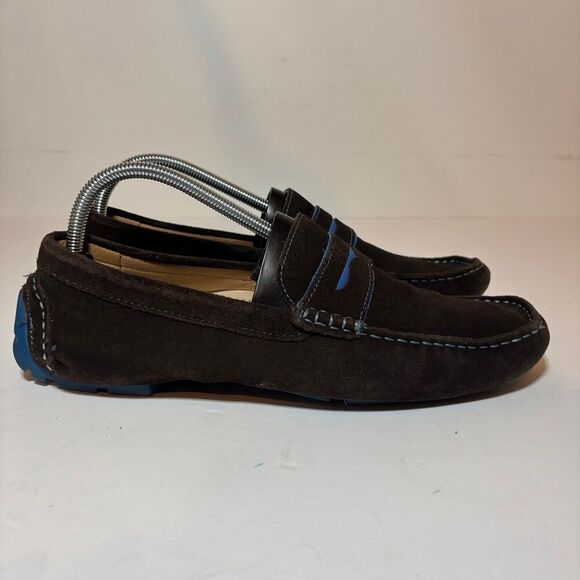 Ecco Mens Sz 42 8.5 M Dynamic Suede Penny Loafer Driving Moc Brown Blue Slip On - Picture 2 of 10